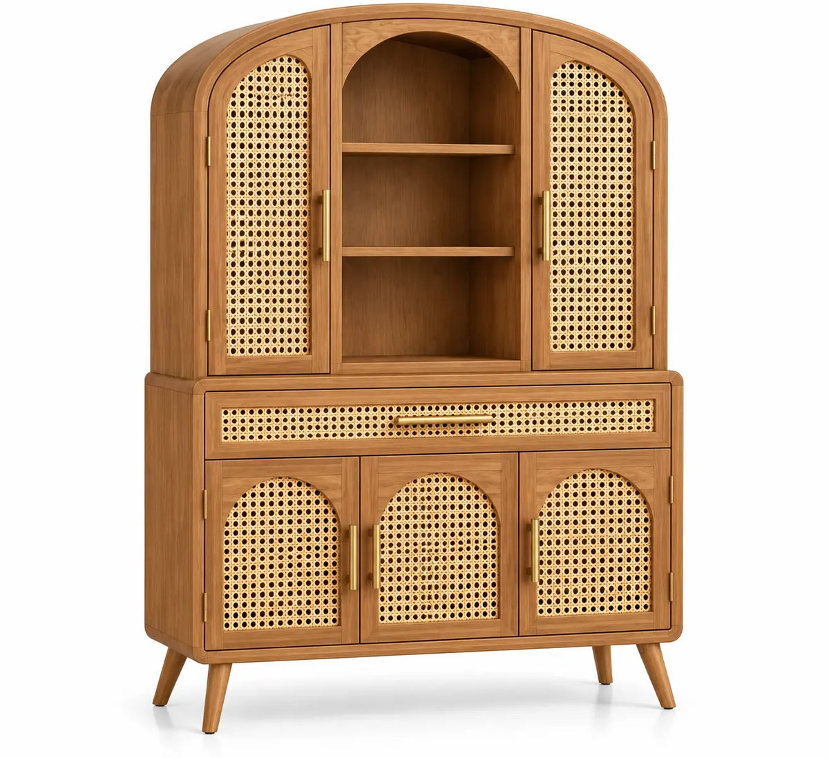 Credenza, profilo ad arco, ripiani e ante intrecciate, marrone
