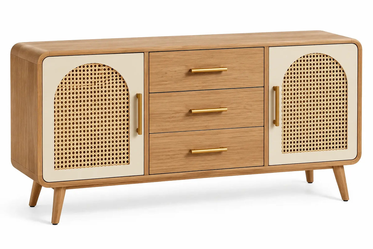Credenza, due ante intrecciate e tre cassetti, marrone/beige
