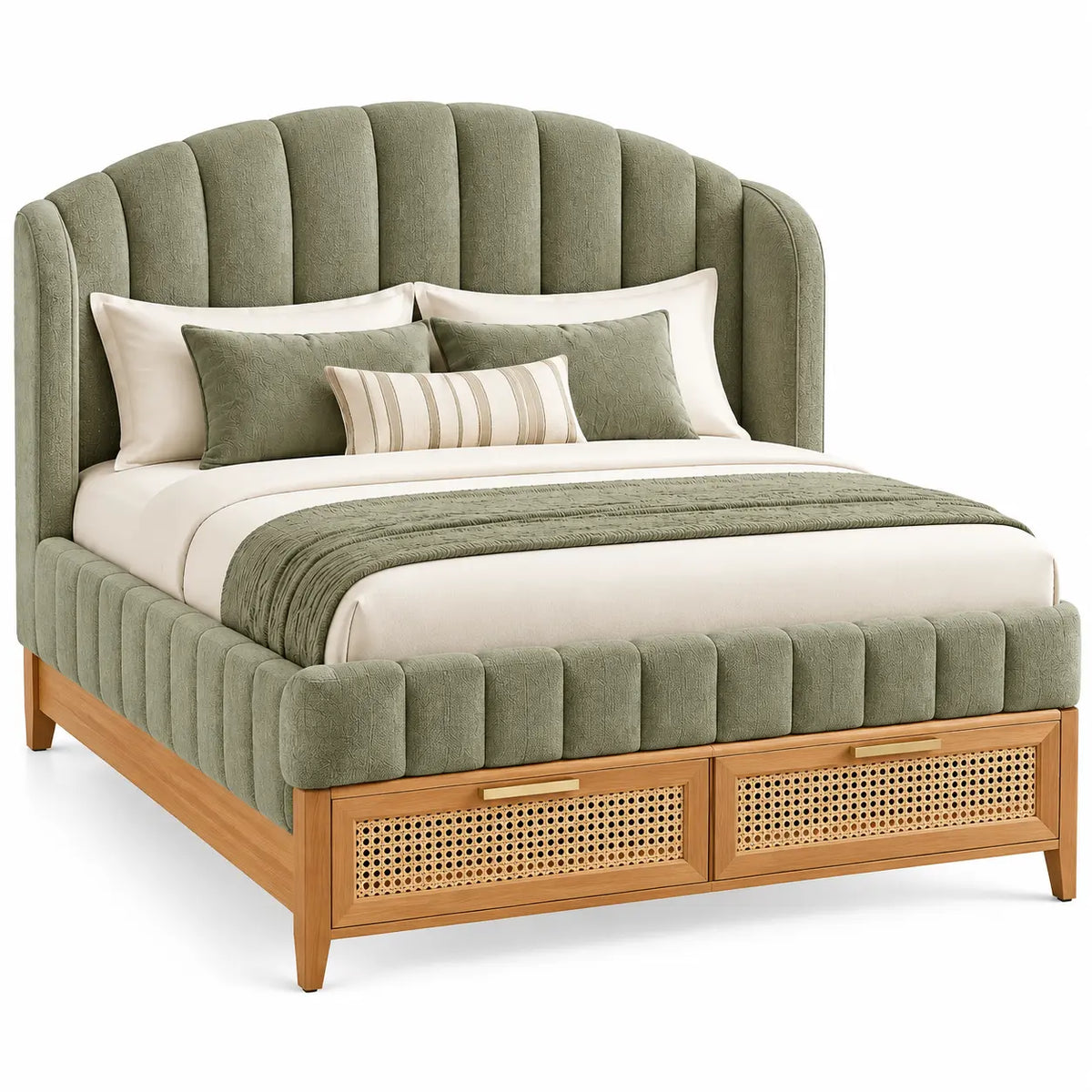 Struttura letto con testiera, testiera arcuata e inserti intrecciati nella base, verde/marrone