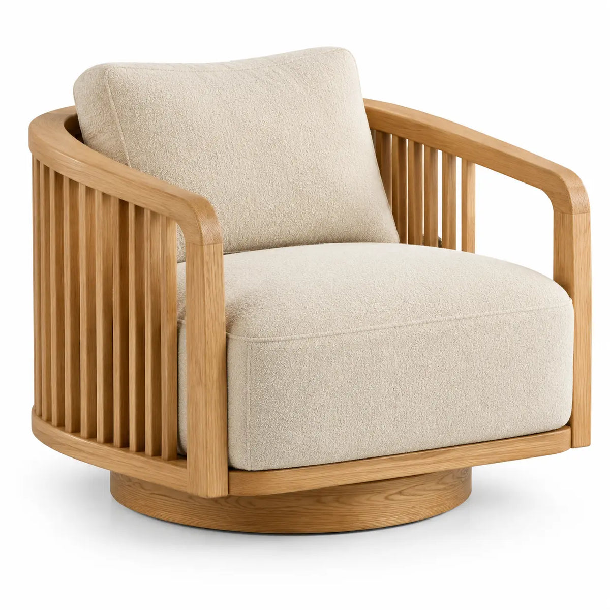 Poltrona, braccioli a listelli e base circolare, marrone/beige