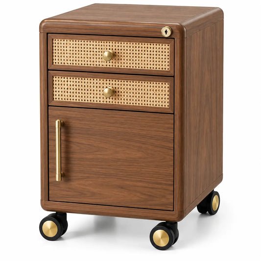 Carrello da cucina, due cassetti intrecciati e anta inferiore, marrone/oro