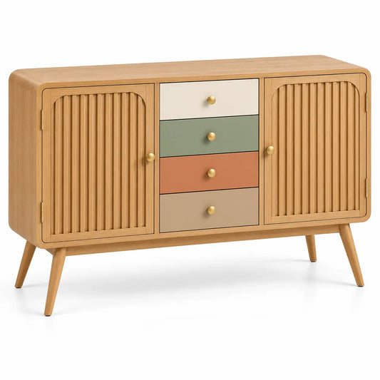 Credenza, ante scanalate e quattro cassetti centrali, marrone/beige/verde/arancione