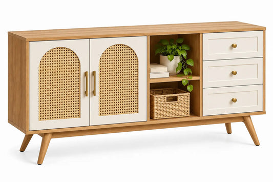 Credenza, ante intrecciate, vano aperto e cassetti laterali, marrone/beige