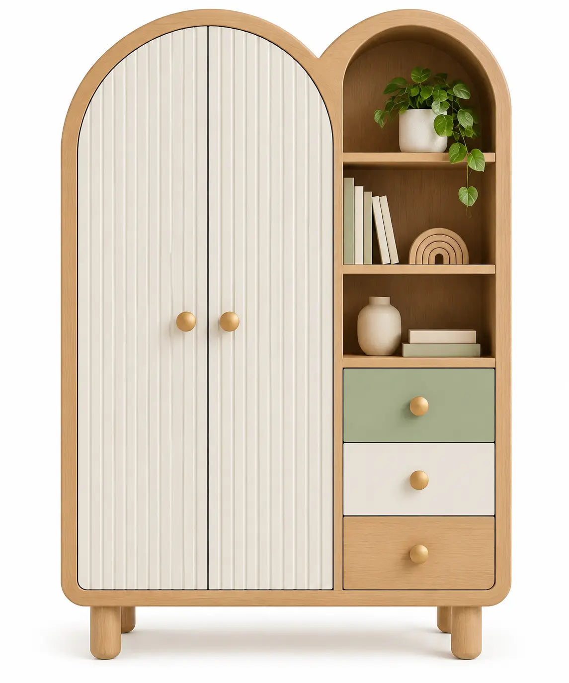 Armadio, anta arcuata, ripiani e cassetti laterali, marrone/beige/verde
