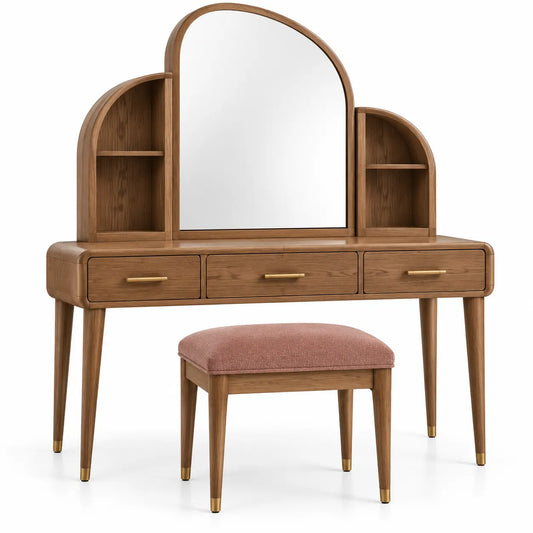 Mobile da toeletta con specchio, specchio asimmetrico, ripiani e sgabello, marrone/rosa