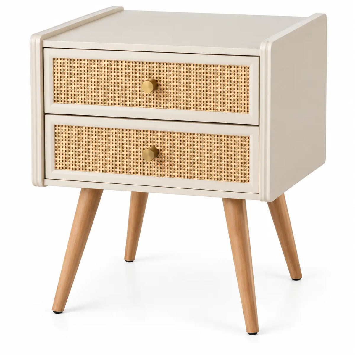 Comodino, due cassetti con frontali intrecciati, beige/marrone